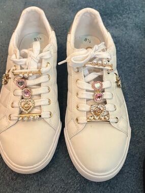 White Sneakers with Pink Gem Embellishments